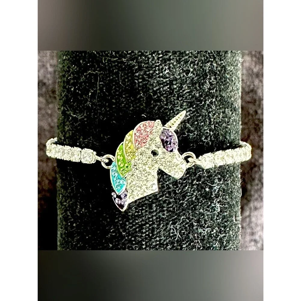 Rainbow Unicorn Rhinestone Necklace & Adjustable Bracelet Set – Silver Jewelry